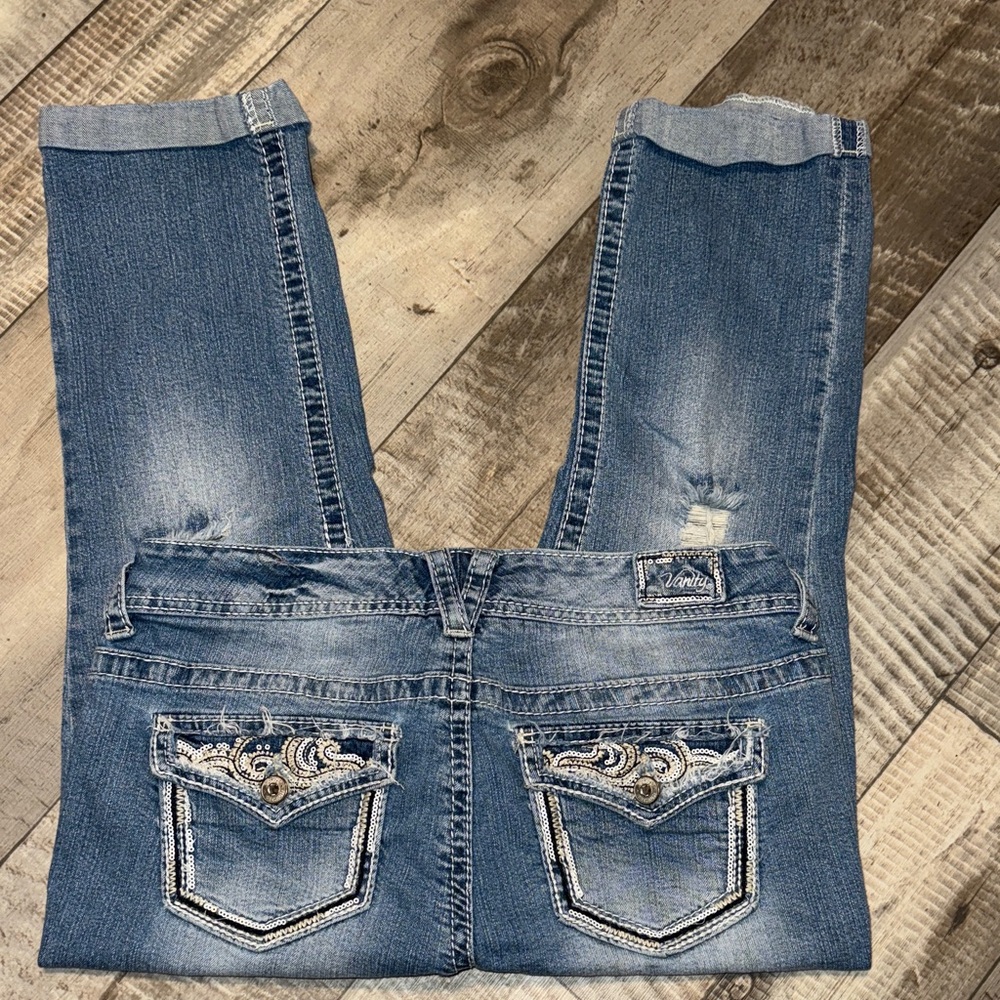 Vanity Blue Distressed Women's Cropped Jeans-size 29